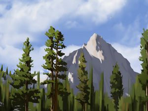 Preview wallpaper mountain, trees, lake, landscape, art