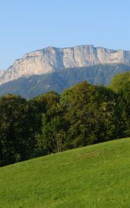 Preview wallpaper mountain, trees, lawn, grass, greenery, nature