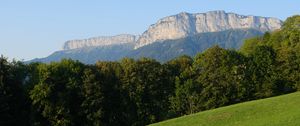 Preview wallpaper mountain, trees, lawn, grass, greenery, nature