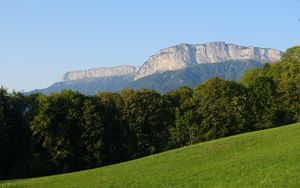 Preview wallpaper mountain, trees, lawn, grass, greenery, nature