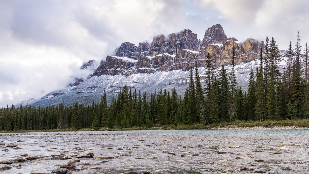 Wallpaper mountain, trees, river, stones