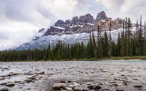 Preview wallpaper mountain, trees, river, stones