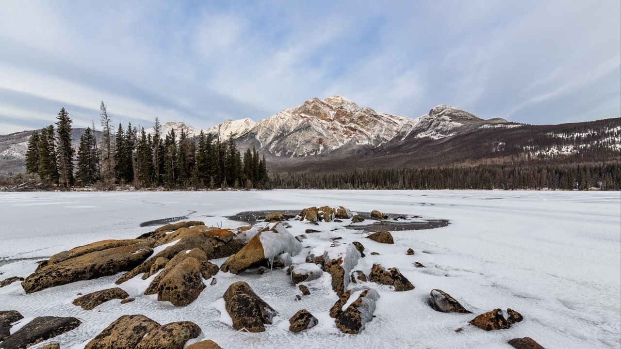 Wallpaper mountain, trees, snow, lake, stones
