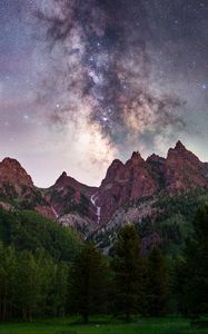 Preview wallpaper mountain, trees, starry sky, night, nature