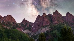 Preview wallpaper mountain, trees, starry sky, night, nature