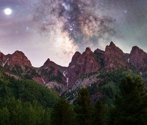 Preview wallpaper mountain, trees, starry sky, night, nature