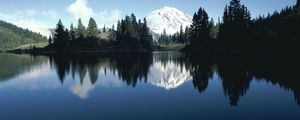 Preview wallpaper mountain, trees, top, snow, fur-trees, reflection, shade, river