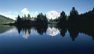 Preview wallpaper mountain, trees, top, snow, fur-trees, reflection, shade, river