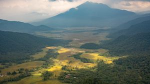 Preview wallpaper mountain, valley, clouds, landscape, aerial view