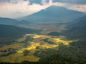 Preview wallpaper mountain, valley, clouds, landscape, aerial view
