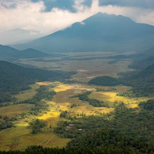 Preview wallpaper mountain, valley, clouds, landscape, aerial view