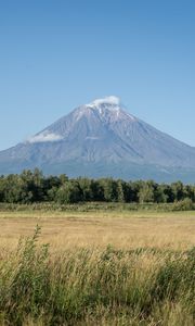 Preview wallpaper mountain, valley, grass, trees, landscape, nature