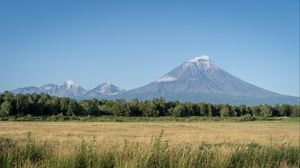 Preview wallpaper mountain, valley, grass, trees, landscape, nature