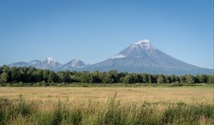 Preview wallpaper mountain, valley, grass, trees, landscape, nature