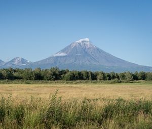 Preview wallpaper mountain, valley, grass, trees, landscape, nature