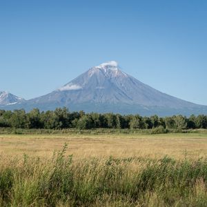 Preview wallpaper mountain, valley, grass, trees, landscape, nature