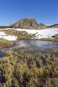 Preview wallpaper mountain, valley, snow, pond, grass