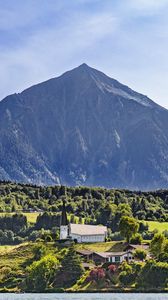 Preview wallpaper mountain, valley, trees, houses, nature