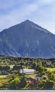 Preview wallpaper mountain, valley, trees, houses, nature