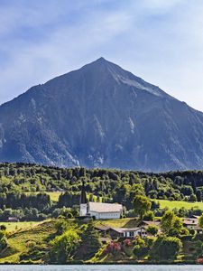 Preview wallpaper mountain, valley, trees, houses, nature