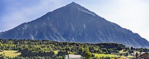 Preview wallpaper mountain, valley, trees, houses, nature