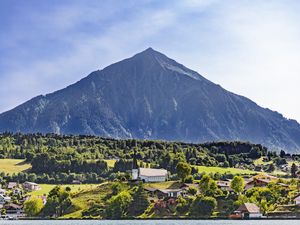 Preview wallpaper mountain, valley, trees, houses, nature