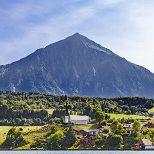 Preview wallpaper mountain, valley, trees, houses, nature