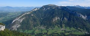 Preview wallpaper mountain, valley, trees, houses, nature, sky