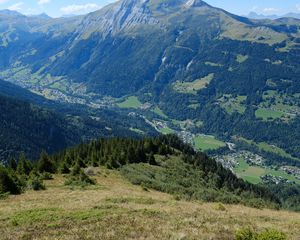 Preview wallpaper mountain, valley, village, aerial view, landscape