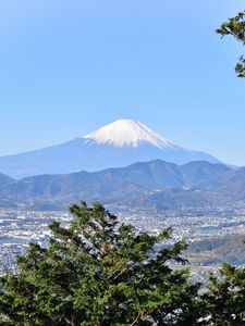Preview wallpaper mountain, volcano, city, valley, fuji, japan