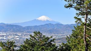 Preview wallpaper mountain, volcano, city, valley, fuji, japan