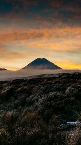 Preview wallpaper mountain, volcano, fog, landscape, twilight