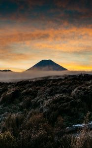 Preview wallpaper mountain, volcano, fog, landscape, twilight