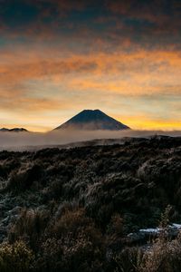 Preview wallpaper mountain, volcano, fog, landscape, twilight