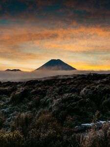 Preview wallpaper mountain, volcano, fog, landscape, twilight