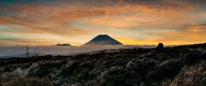 Preview wallpaper mountain, volcano, fog, landscape, twilight