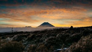 Preview wallpaper mountain, volcano, fog, landscape, twilight