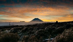 Preview wallpaper mountain, volcano, fog, landscape, twilight
