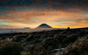 Preview wallpaper mountain, volcano, fog, landscape, twilight