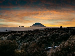 Preview wallpaper mountain, volcano, fog, landscape, twilight