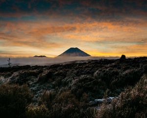 Preview wallpaper mountain, volcano, fog, landscape, twilight