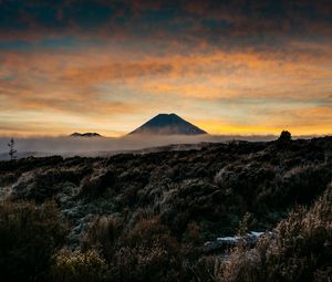 Preview wallpaper mountain, volcano, fog, landscape, twilight