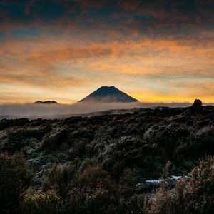 Preview wallpaper mountain, volcano, fog, landscape, twilight
