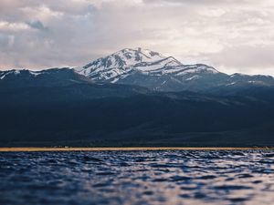 Preview wallpaper mountain, water, blur, peaks, clouds