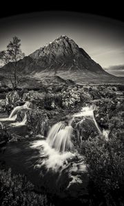 Preview wallpaper mountain, waterfall, bw, current, river