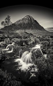 Preview wallpaper mountain, waterfall, bw, current, river