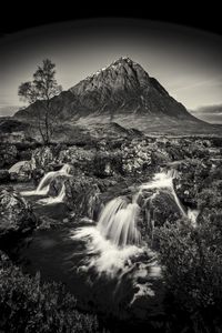 Preview wallpaper mountain, waterfall, bw, current, river