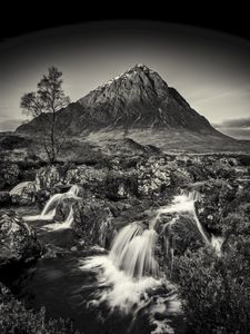 Preview wallpaper mountain, waterfall, bw, current, river