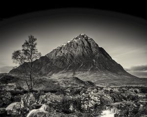 Preview wallpaper mountain, waterfall, bw, current, river