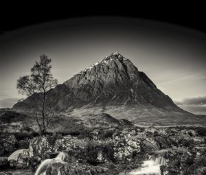 Preview wallpaper mountain, waterfall, bw, current, river